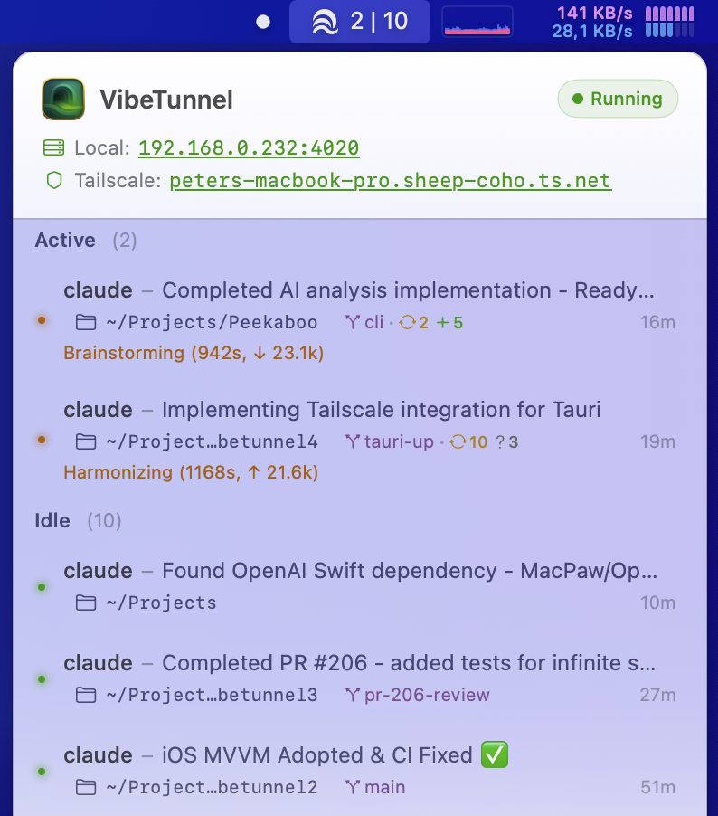 VibeTunnel showing multiple Claude sessions with descriptive titles